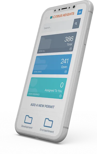 Permit dashboard on a phone with total, open and assigned permit counts