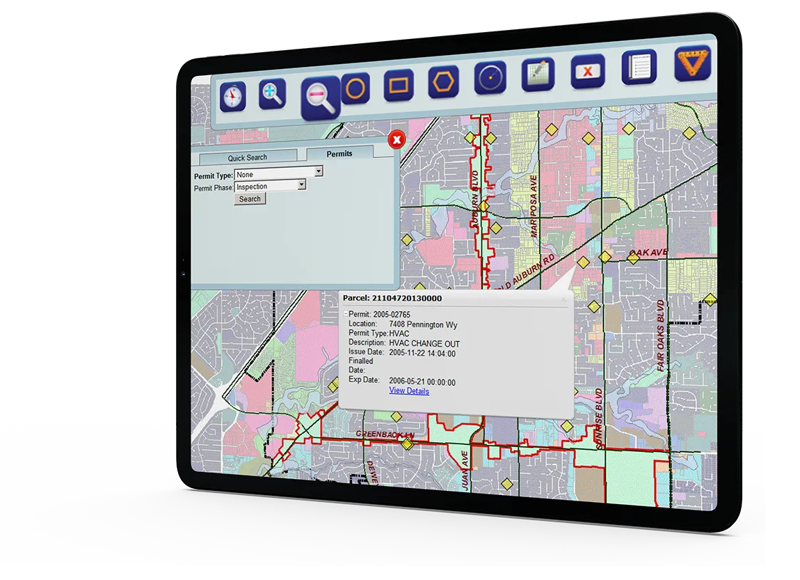 Permit details for a parcel on a GIS map
