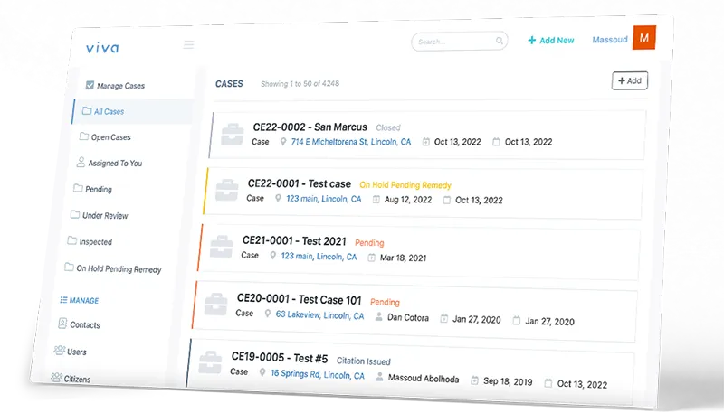 List of cases with their addresses, dates and statuses